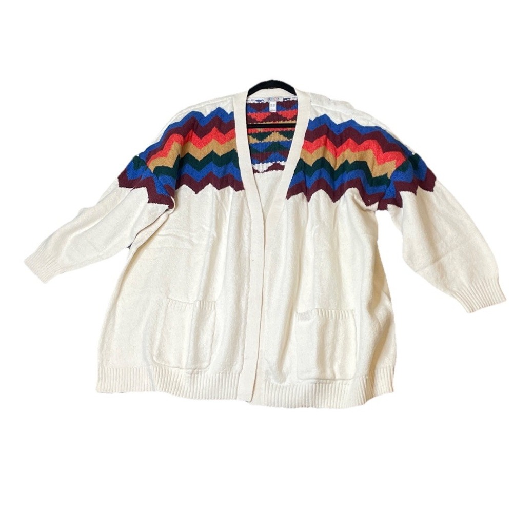 Denim & Co Women 3XP Cardigan White Multi Chevron Intarsia Open Front Pocket NEW